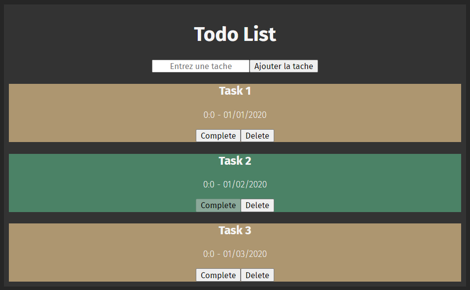 Resultat d'affichage sur la page web de la structure basique des composant ReactJS TodoList