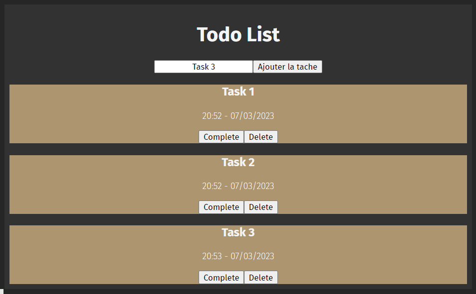 Resultat d'affichage sur la page web du composant ReactJS TodoList quand on supprime une Todo/tache de la liste