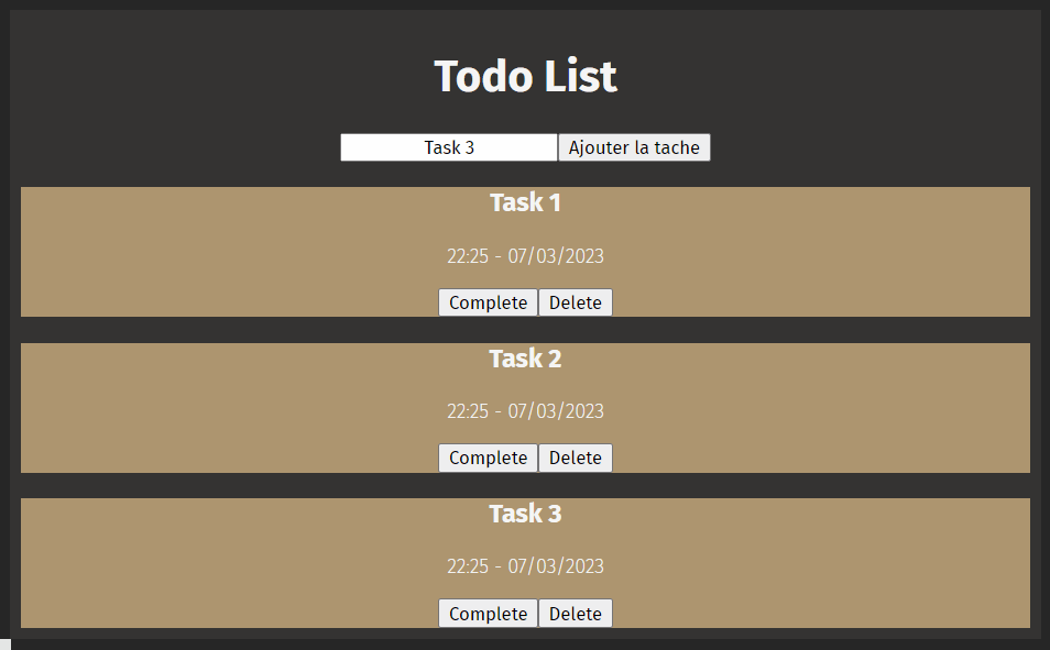 Resultat d'affichage sur la page web du composant ReactJS TodoList quand on complete une Todo/tache de la liste