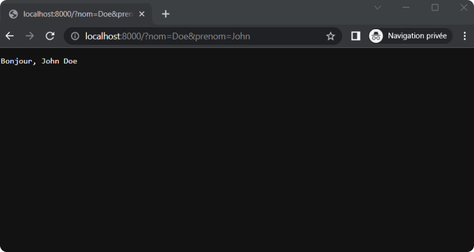 Exemple de reponse d'un requête HTTP GET avec des paramètres depuis un navigateur.