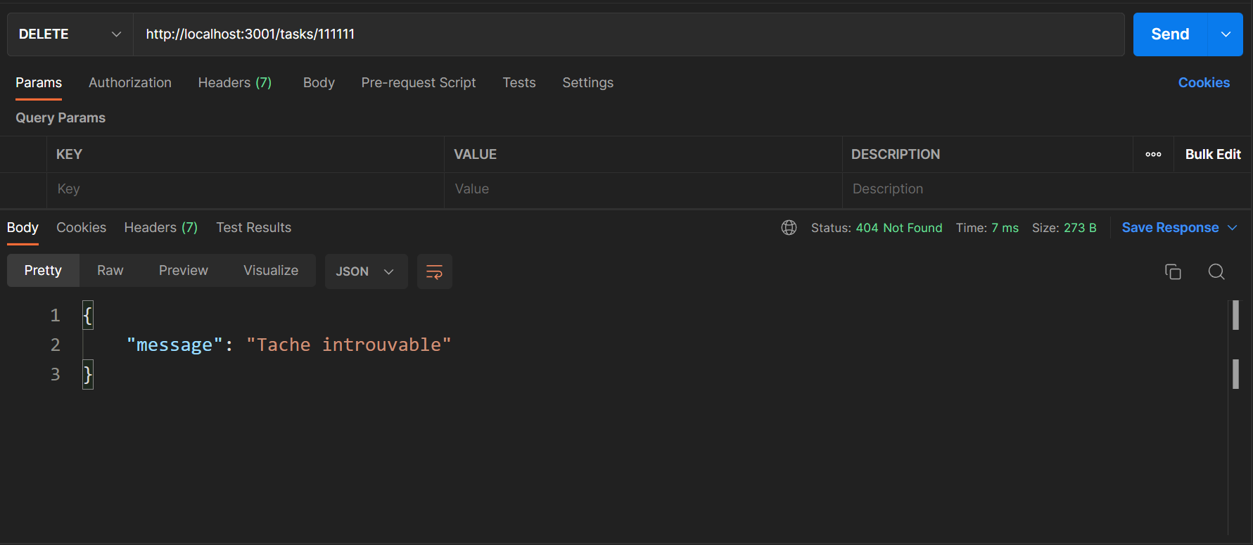Exemple de teste de l'erreur 404 avec la requete HTTP DELETE envoyé avec Postman sur la route /tasks/111 d'une application expressjs en suivant l'apporoche CRUD.