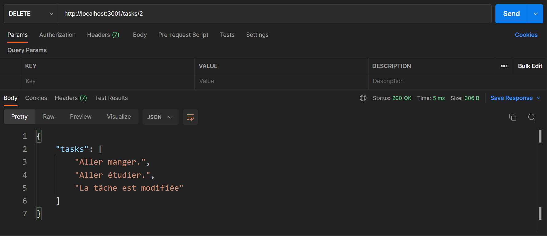 Exemple de teste de la requete HTTP DELETE envoyé avec Postman sur la route /tasks/3 d'une application expressjs en suivant l'apporoche CRUD.