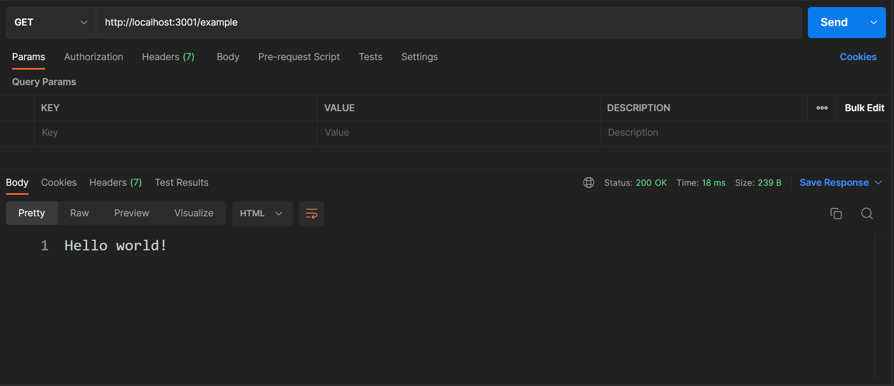 Exemple de teste de la requete HTTP envoyé avec Postman sur la route /exemple d'une application expressjs.