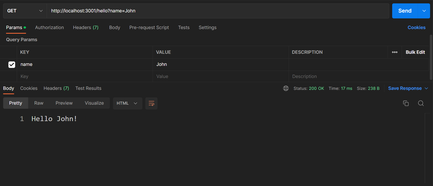 Exemple de teste de la requete HTTP avec query paramètre envoyé avec Postman sur la route /exemple d'une application expressjs.