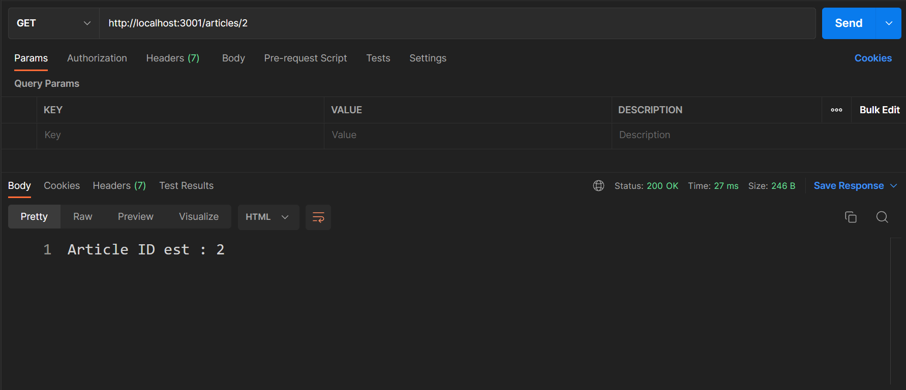 Exemple de teste de la requete HTTP avec query paramètre envoyé avec Postman sur la route /exemple d'une application expressjs.
