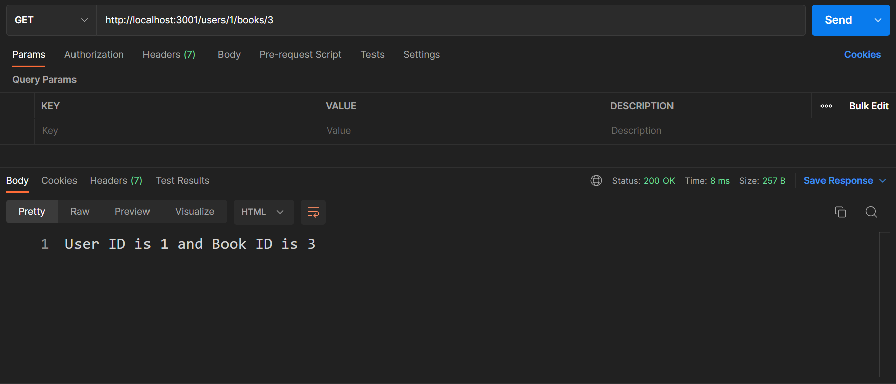 Exemple de teste de la requete HTTP avec query paramètre envoyé avec Postman sur la route /exemple d'une application expressjs.