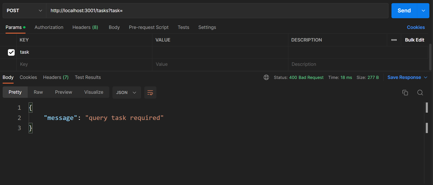 Exemple de teste de la requete HTTP POST avec query paramètre envoyé avec Postman sur la route /tasks d'une application expressjs en suivant l'apporoche CRUD.