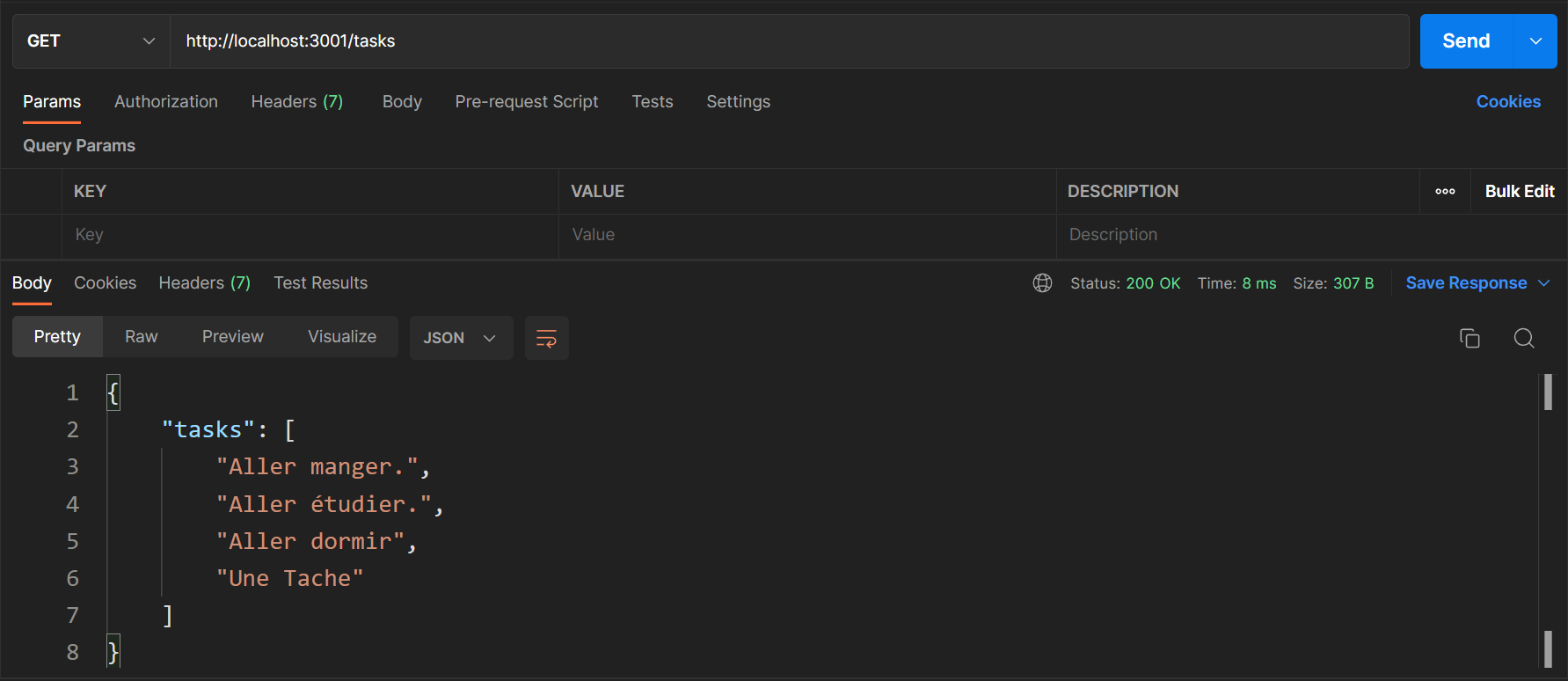 Exemple de teste de la requete HTTP GET aenvoyé avec Postman sur la route /tasks d'une application expressjs en suivant l'apporoche CRUD.