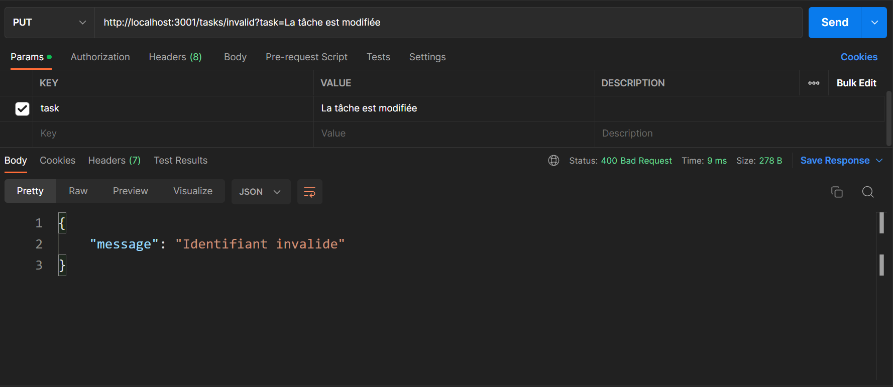Exemple de teste de l'erreur 400 avec la requete HTTP PUT envoyé avec Postman sur la route /tasks/invalid d'une application expressjs en suivant l'apporoche CRUD.