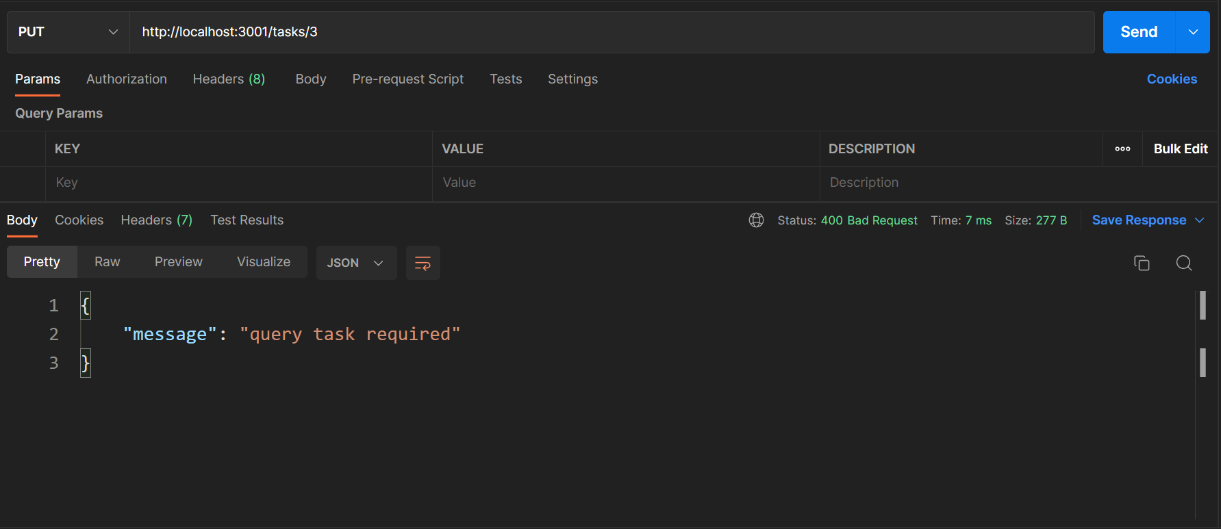 Exemple de teste de l'erreur 400 avec la requete HTTP PUT envoyé avec Postman sur la route /tasks/3 d'une application expressjs en suivant l'apporoche CRUD.