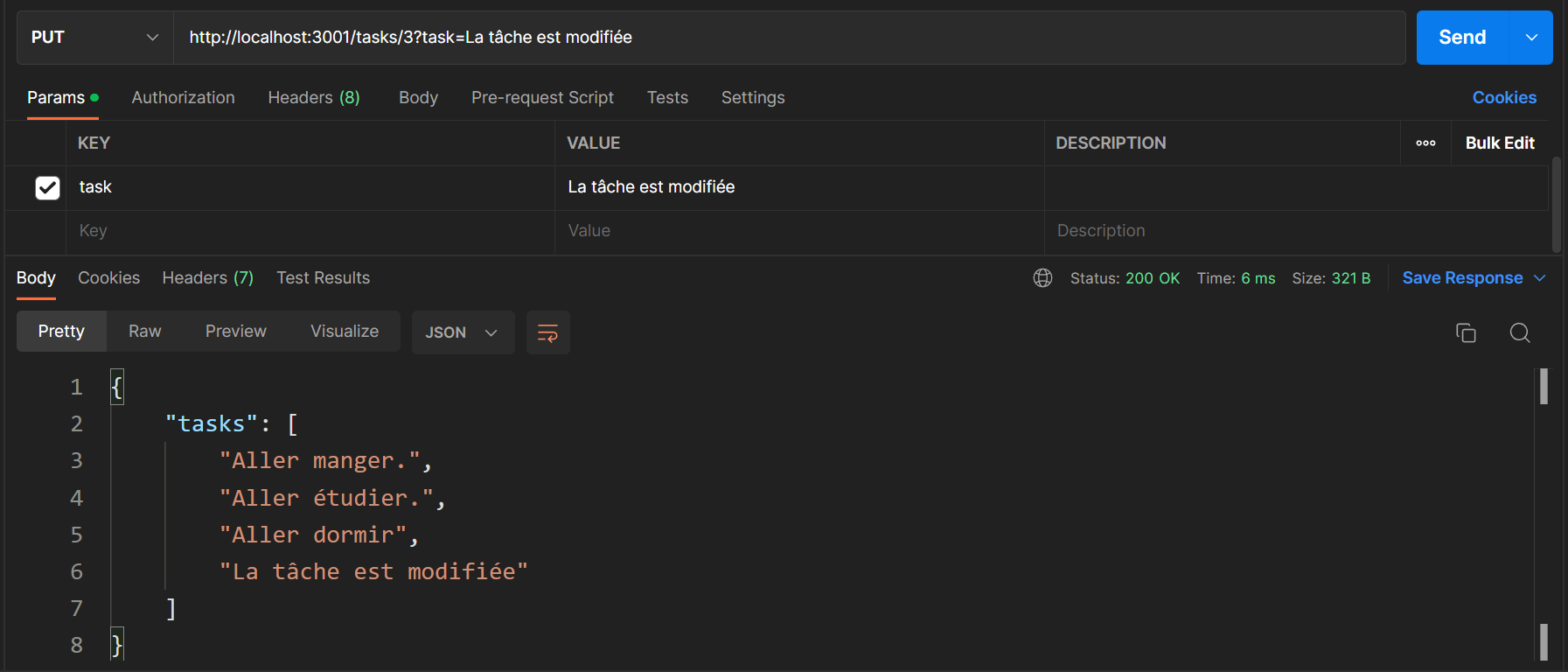 Exemple de teste de la requete HTTP PUT envoyé avec Postman sur la route /tasks/3 d'une application expressjs en suivant l'apporoche CRUD.