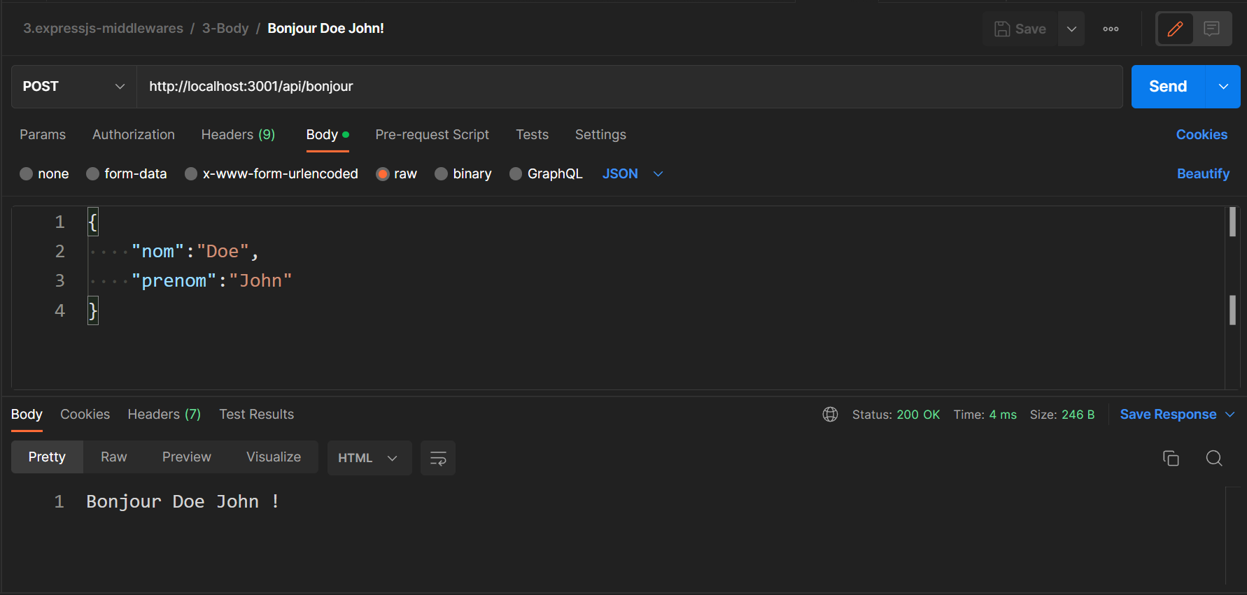 Résultat de la réponse réçue par expressjs après l'envoi d'un requête HTTP POST dans Postman, avec le body en format JSON