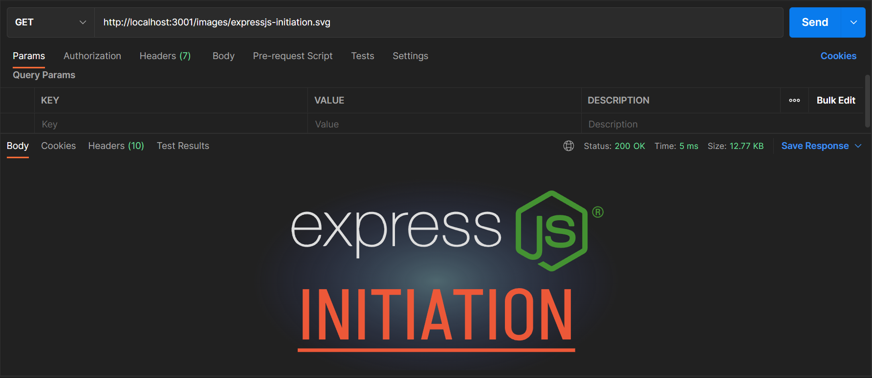 Résultat de la réponse réçue par expressjs après l'envoi d'un requête HTTP POST dans Postman, avec le body en format JSON