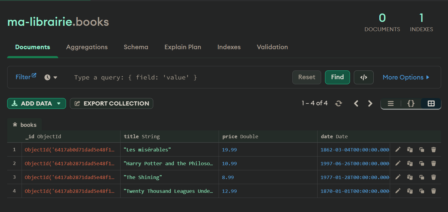 Exemple de résultat d'affichage apres la commande d'ajout de plusieurs documents dans la console Mongosh de MongodDB Compass.