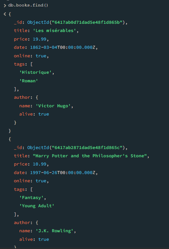 Exemple de résultat d'affichage apres la commande find dans la console Mongosh de MongodDB Compass pour récuperer tous les livre de la collection books.