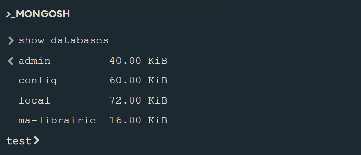 Exemple de résultat d'affichage apres la commande show databases dans la console Mongosh de MongodDB Compass.