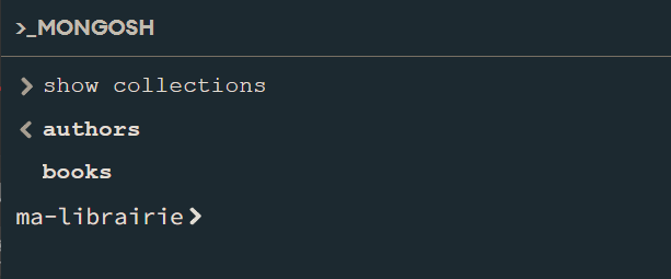 Exemple de résultat d'affichage apres la commande show collections dans la console Mongosh de MongodDB Compass pour afficher toutes les collections de la base de données.