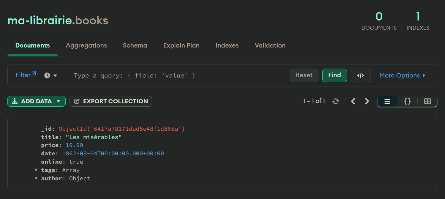 Exemple de résultat d'affichage apres la commande d'ajout de document dans la console Mongosh de MongodDB Compass.