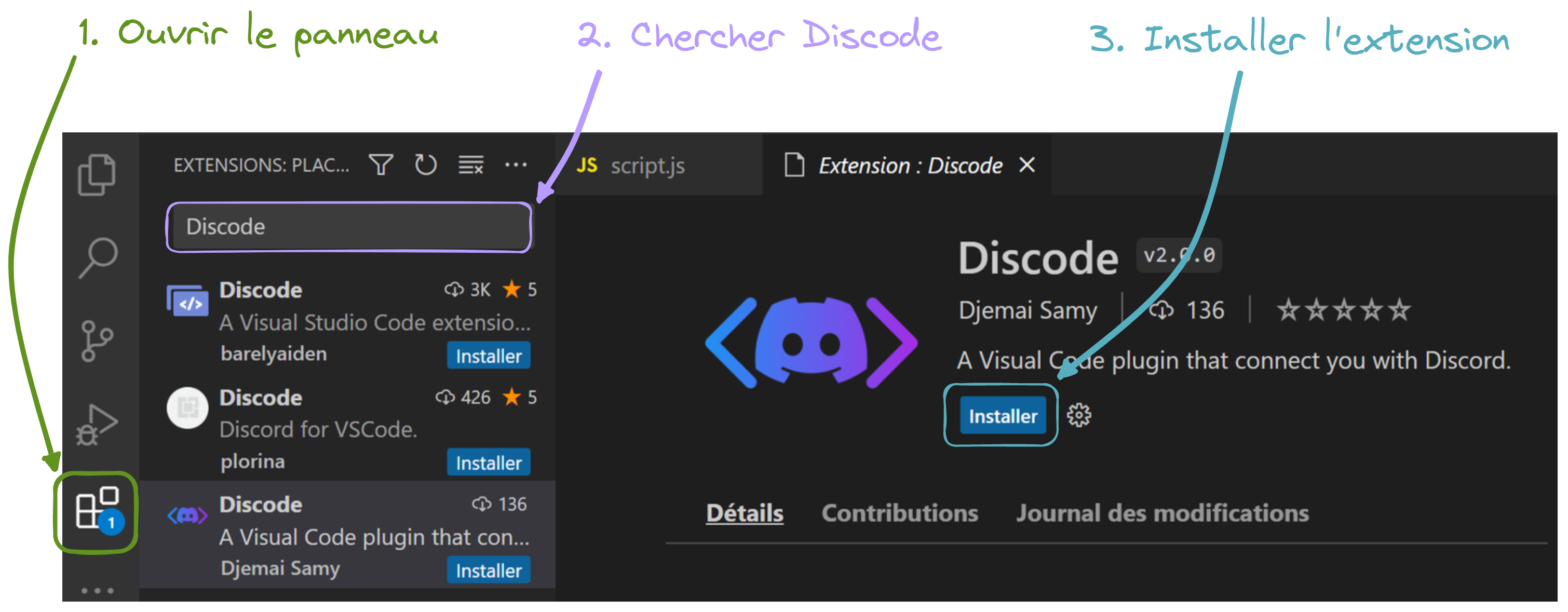 Exemple de comment installer le plugin dans Visual Studio Code.